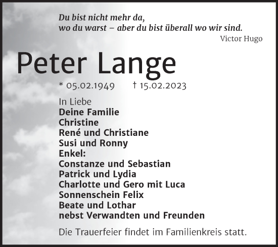 Traueranzeige von Peter Lange von Trauerkombi Weißenfels