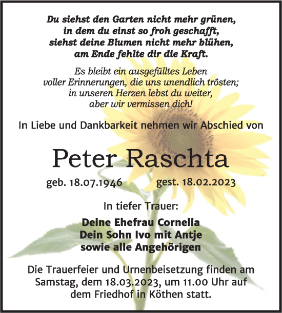 Traueranzeige von Peter Raschta von Trauerkombi Köthen