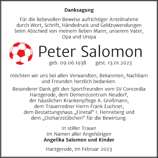 Traueranzeige von Peter Salomon von Super Sonntag Quedlingburg