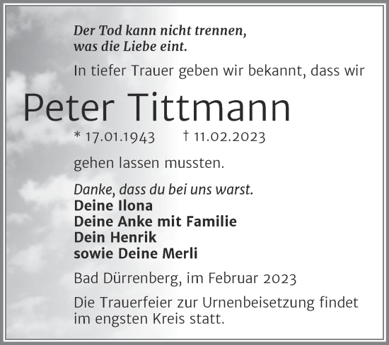 Traueranzeige von Peter Tittmann von Trauerkombi Merseburg