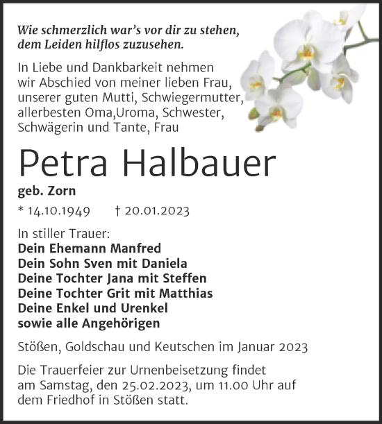 Traueranzeige von Petra Halbauer von Wochenspiegel Naumburg/Nebra