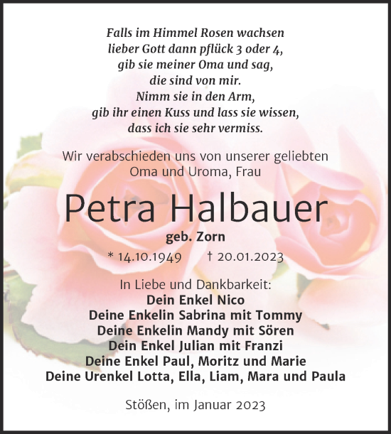 Traueranzeige von Petra Halbauer von Wochenspiegel Naumburg/Nebra