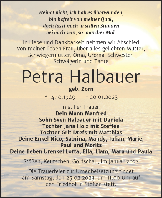 Traueranzeige von Petra Halbauer von Trauerkombi Weißenfels