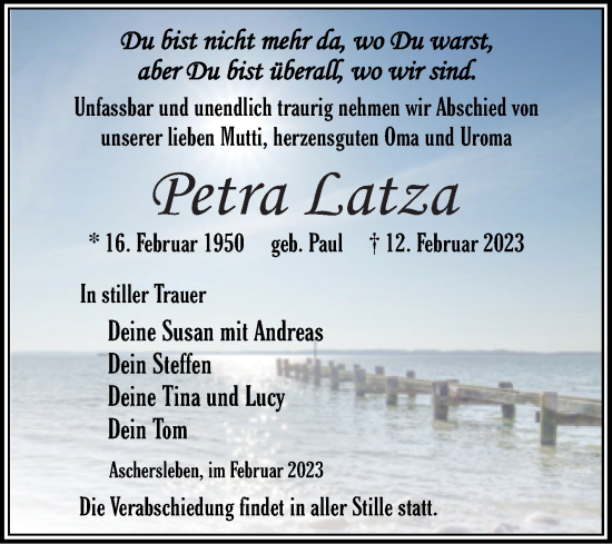 Traueranzeige von Petra Latza von Trauerkombi Aschersleben