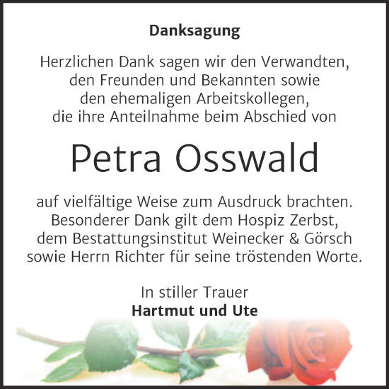 Traueranzeige von Petra Osswald von Trauerkombi Bernburg