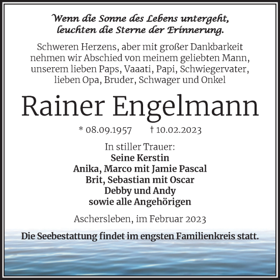 Traueranzeige von Rainer Engelmann von Trauerkombi Aschersleben