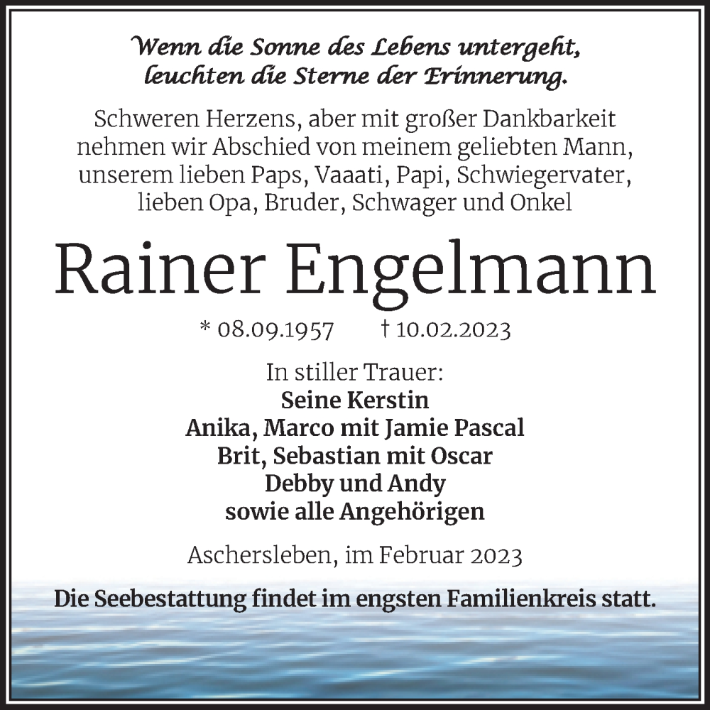  Traueranzeige für Rainer Engelmann vom 18.02.2023 aus Trauerkombi Aschersleben