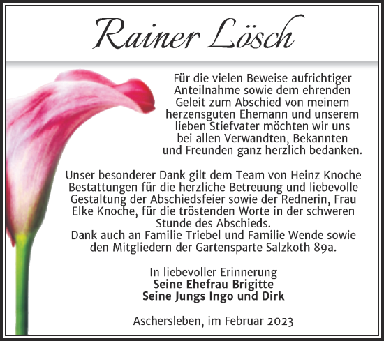 Traueranzeige von Rainer Lösch von Trauerkombi Aschersleben