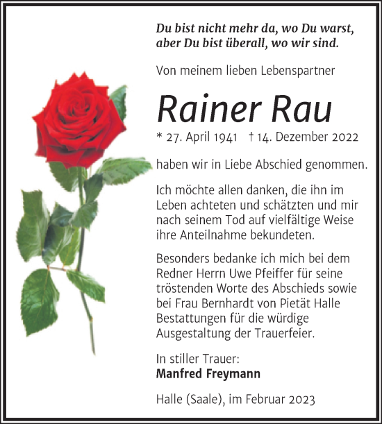 Traueranzeige von Rainer Rau von Mitteldeutsche Zeitung Halle/Saalkreis