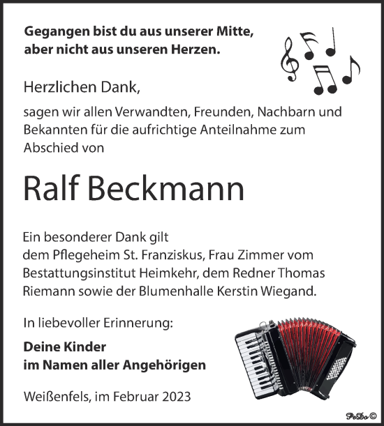 Traueranzeige von Ralf Beckmann von Trauerkombi Weißenfels