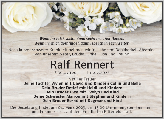 Traueranzeige von Ralf Rennert von Trauerkombi Bitterfeld