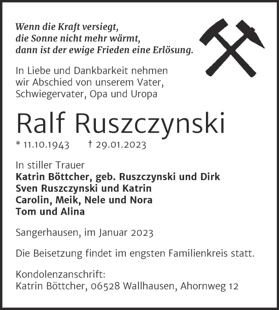 Traueranzeige von Ralf Ruszczynski von Trauerkombi Sangerhausen