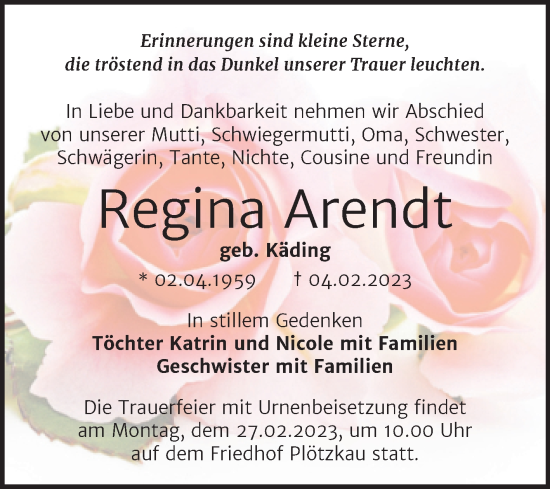Traueranzeige von Regina Arendt von Trauerkombi Bernburg