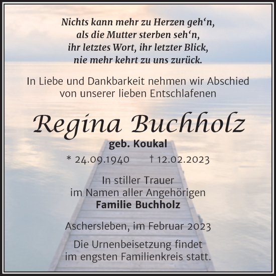 Traueranzeige von Regina Buchholz von Trauerkombi Aschersleben