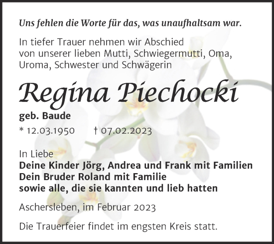 Traueranzeige von Regina Piechocki von Trauerkombi Aschersleben