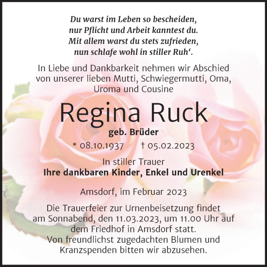 Traueranzeige von Regina Ruck von Trauerkombi Mansfelder Land