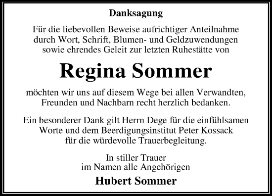 Traueranzeige von Regina Sommer von Trauerkombi Dessau