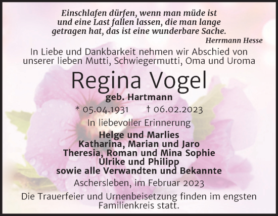 Traueranzeige von Regina Vogel von Trauerkombi Aschersleben