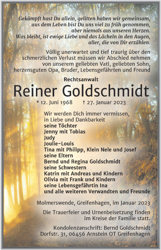 Traueranzeige von Reiner Goldschmidt von Trauerkombi Mansfelder Land