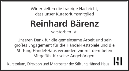 Traueranzeige von Reinhard Bärenz von Mitteldeutsche Zeitung Halle/Saalkreis