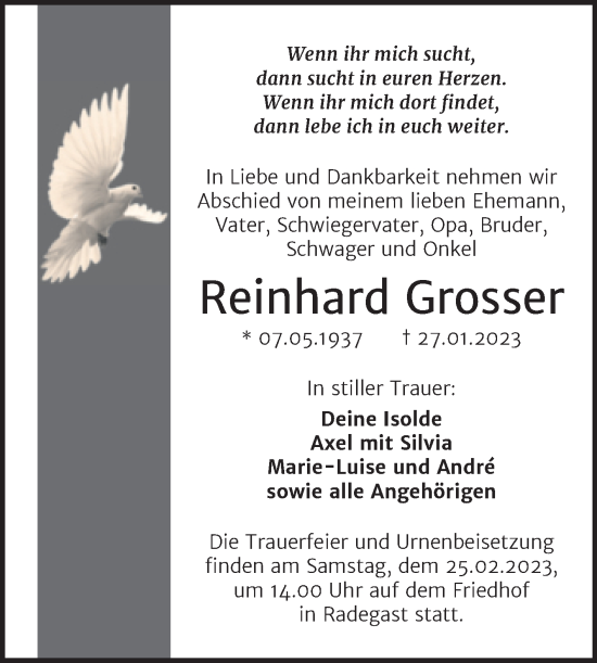 Traueranzeige von Reinhard Grosser von Trauerkombi Köthen
