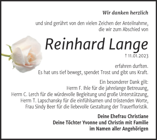 Traueranzeige von Reinhard Lange von Trauerkombi Bitterfeld