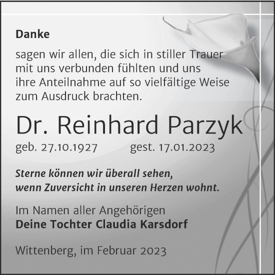Traueranzeige von Reinhard Parzyk von Trauerkombi Wittenberg