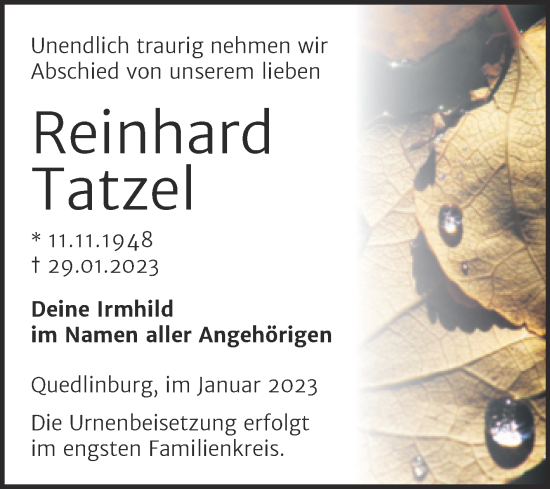 Traueranzeige von Reinhard Tatzel von Trauerkombi Quedlinburg