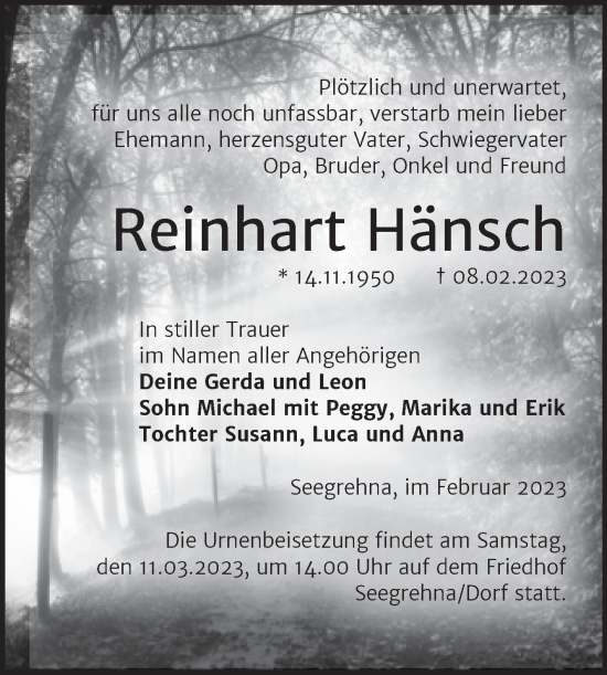 Traueranzeige von Reinhart Hänsch von Trauerkombi Wittenberg