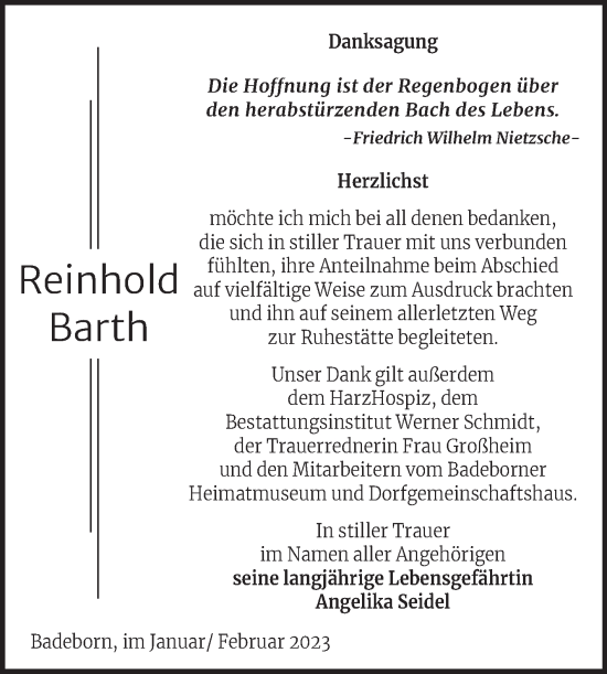 Traueranzeige von Reinhold Barth von Trauerkombi Quedlinburg