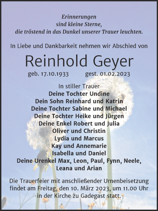 Traueranzeige von Reinhold Geyer von Trauerkombi Wittenberg