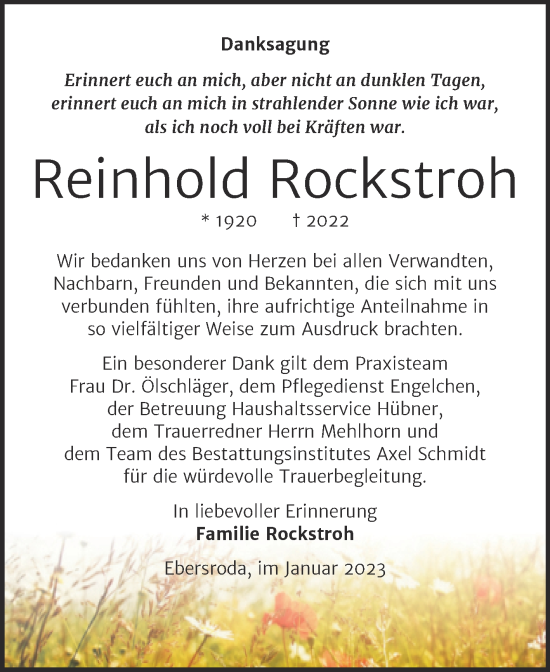 Traueranzeige von Reinhold Rockstroh von Wochenspiegel Naumburg/Nebra