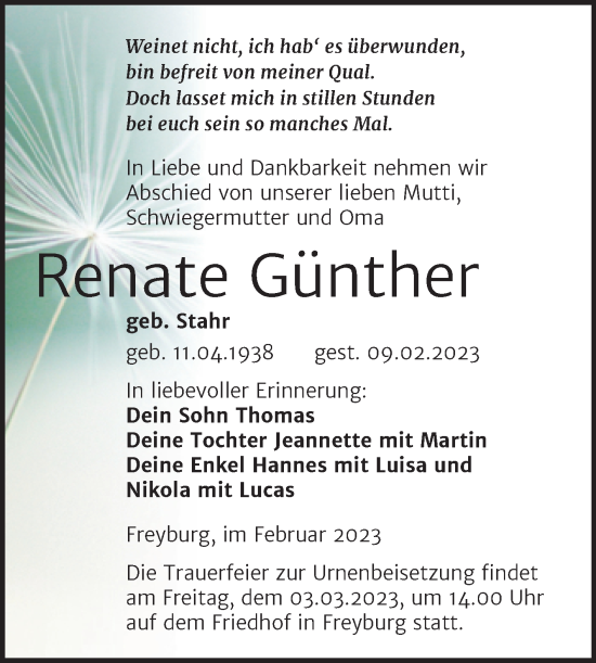 Traueranzeige von Renate Günther von Wochenspiegel Naumburg/Nebra