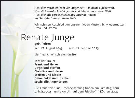 Traueranzeige von Renate Junge von Trauerkombi Köthen