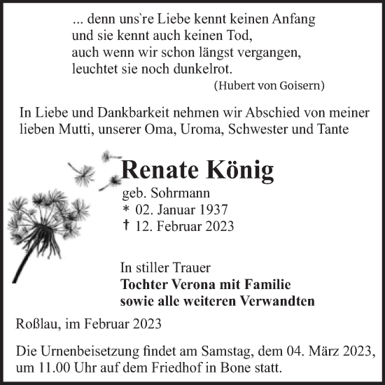 Traueranzeige von Renate König von Super Sonntag Dessau-Roßlau
