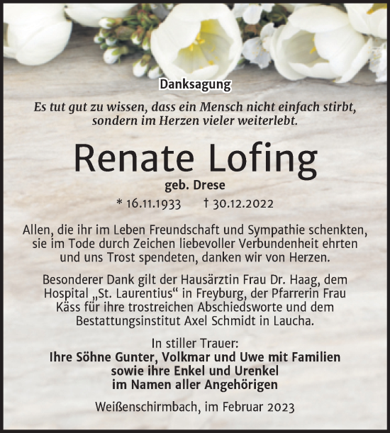 Traueranzeige von Renate Lofing von Trauerkombi Merseburg