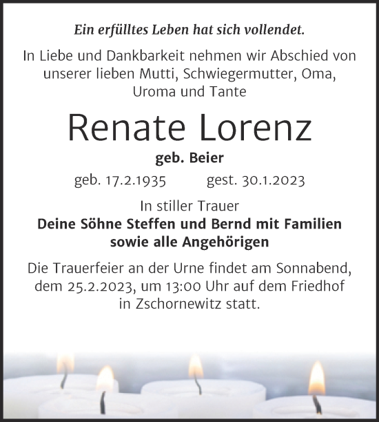 Traueranzeige von Renate Lorenz von Trauerkombi Wittenberg