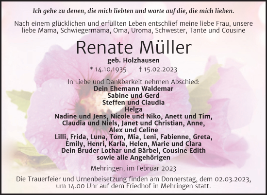 Traueranzeige von Renate Müller von Trauerkombi Aschersleben
