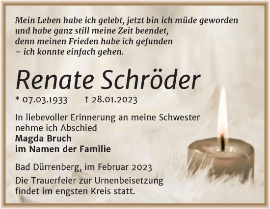 Traueranzeige von Renate Schröder von Trauerkombi Merseburg