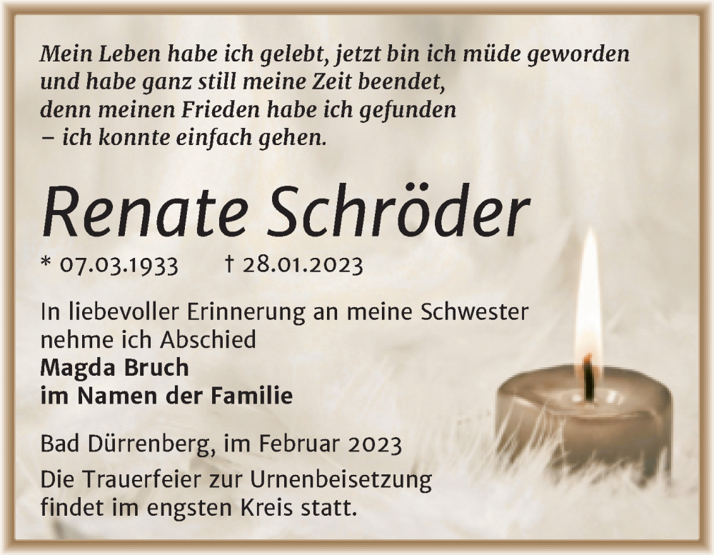  Traueranzeige für Renate Schröder vom 04.02.2023 aus Trauerkombi Merseburg
