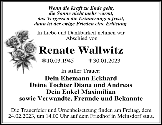 Traueranzeige von Renate Wallwitz von Trauerkombi Dessau