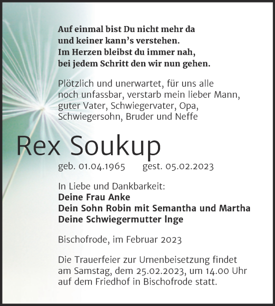 Traueranzeige von Rex Soukup von Trauerkombi Mansfelder Land