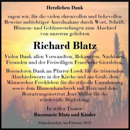 Traueranzeige von Richard Blatz von Trauerkombi Aschersleben