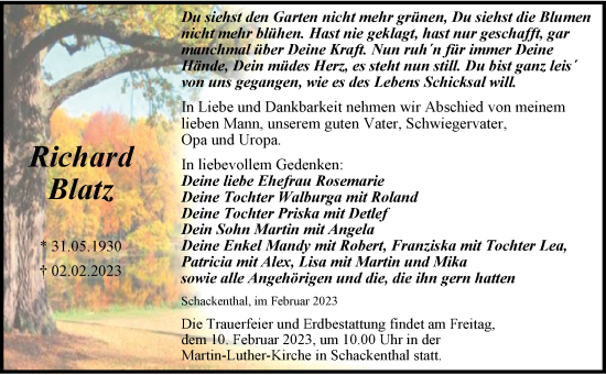 Traueranzeige von Richard Blatz von Trauerkombi Aschersleben