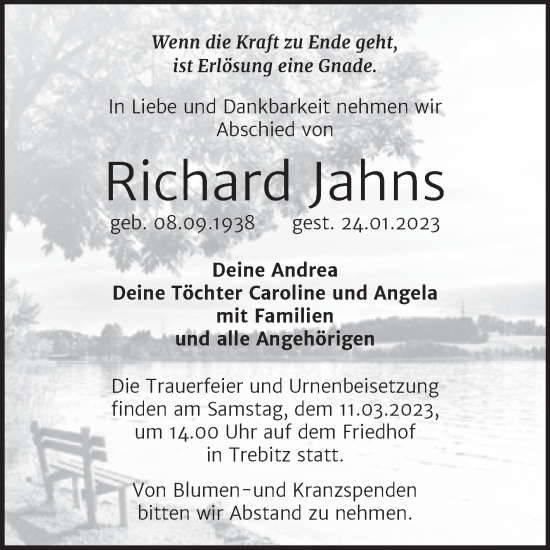 Traueranzeige von Richard Jahns von Trauerkombi Wittenberg