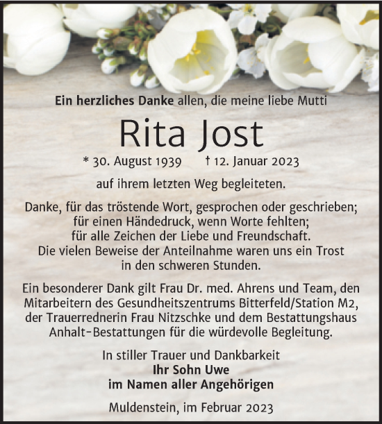 Traueranzeige von Rita Jost von Trauerkombi Bitterfeld