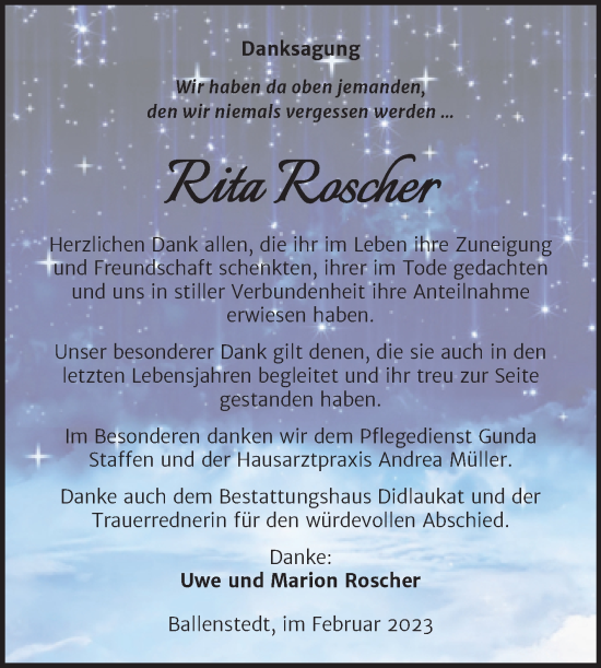 Traueranzeige von Rita Roscher von Trauerkombi Quedlinburg