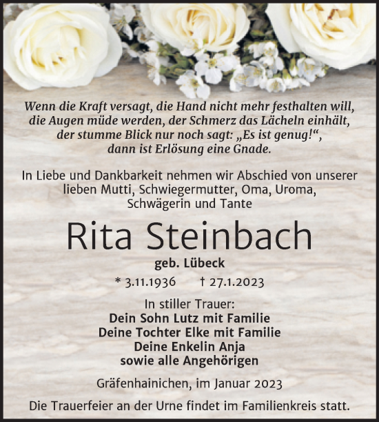 Traueranzeige von Rita Steinbach von Trauerkombi Wittenberg