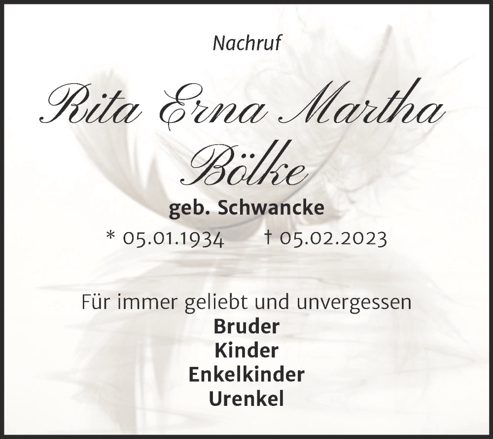  Traueranzeige für Rita Erna Martha Bölke vom 11.02.2023 aus Trauerkombi Dessau
