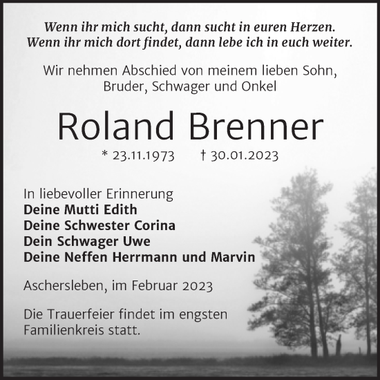 Traueranzeige von Roland Brenner von Trauerkombi Aschersleben